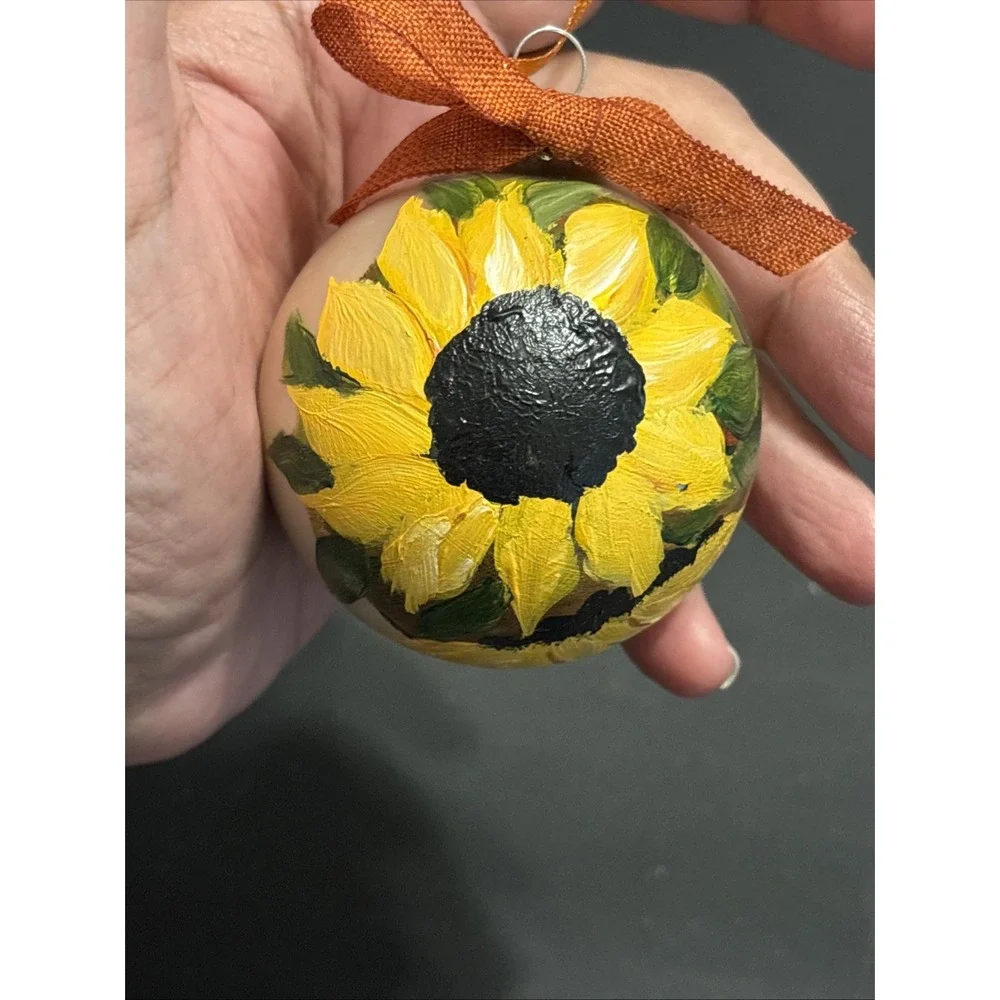 Lot of 5 Hand Painted Glass Sunflower Christmas Ornaments Thanksgiving Holidays